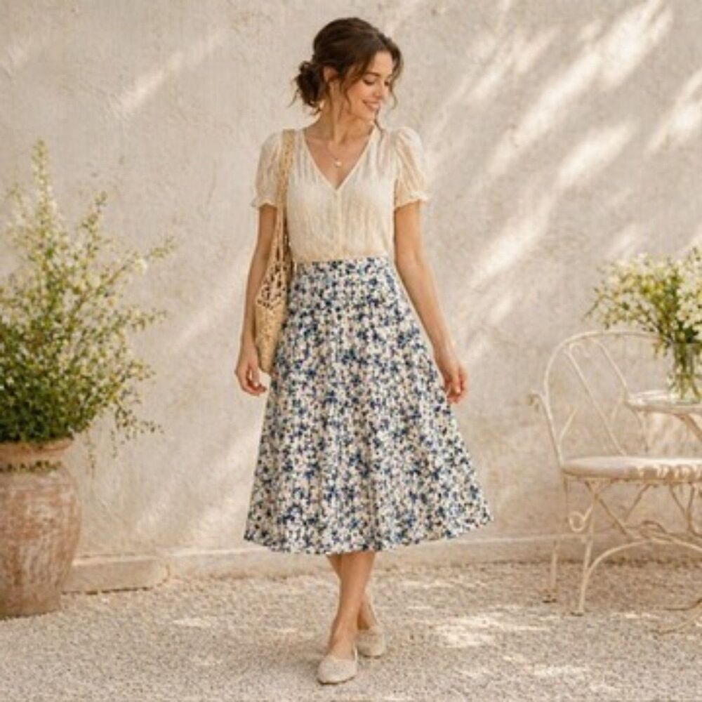 Garnet Hill Womens Silk Floral Midi Skirt Cottagecore Pleated A-Line Sz 6